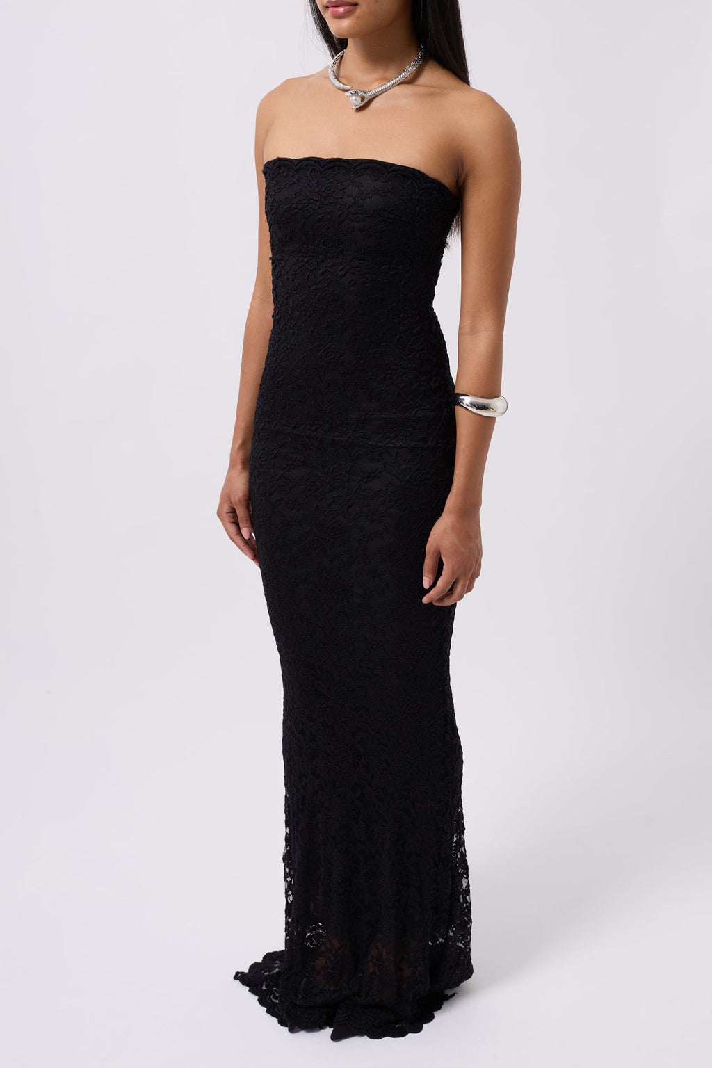 Strapless Lace Maxi Black Dress