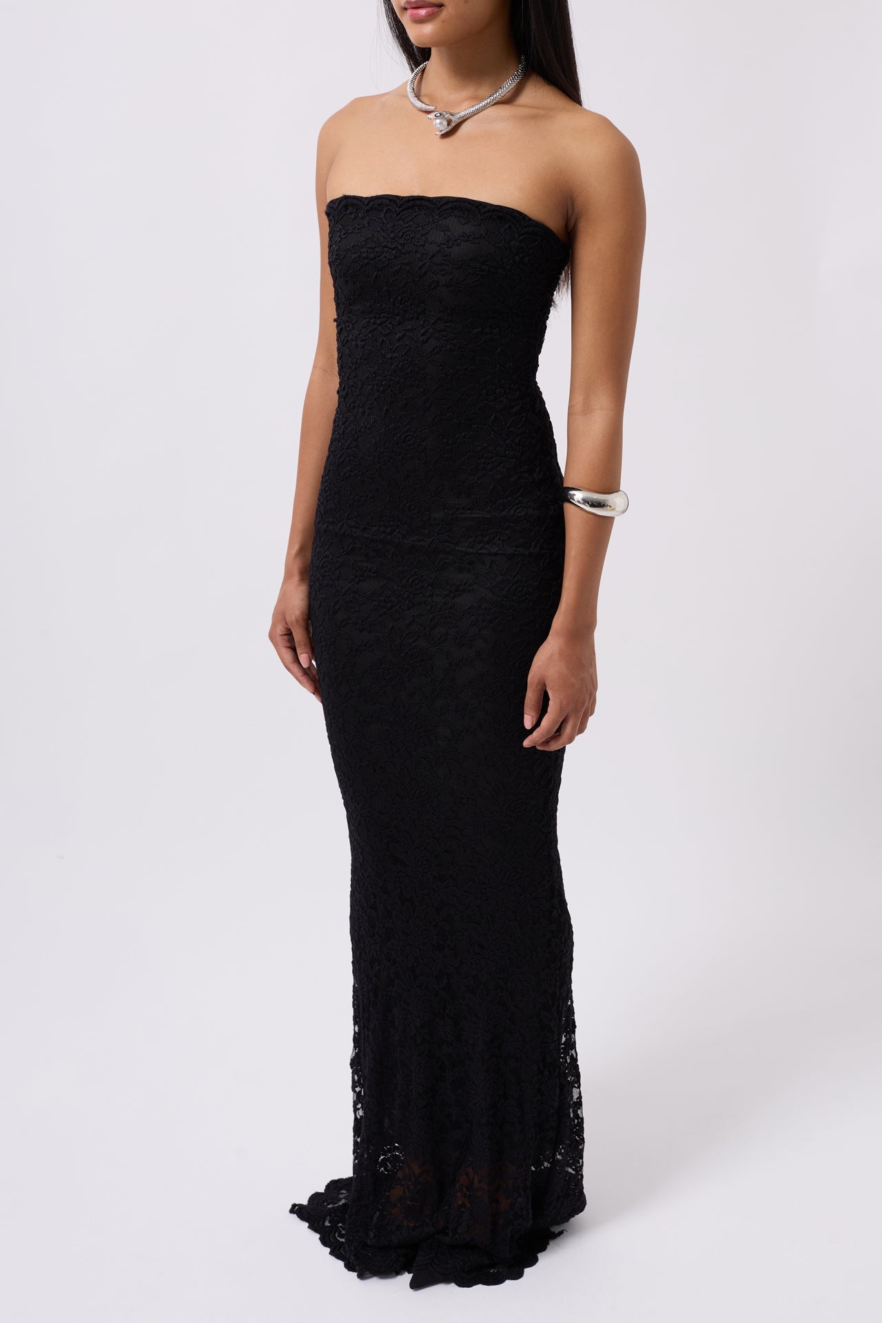Strapless Lace Maxi Black Dress