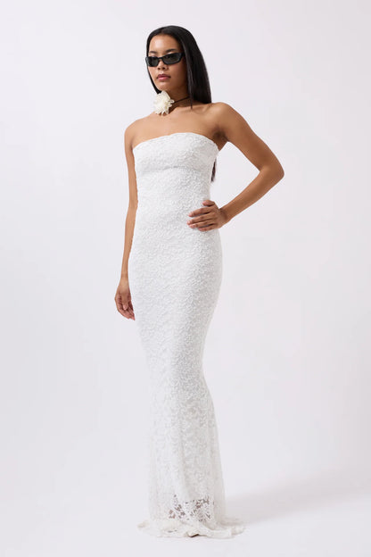 Strapless Lace Maxi Ecru Dress