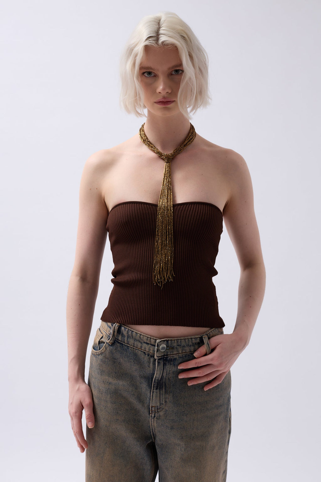 Strapless Textured Brown Crop