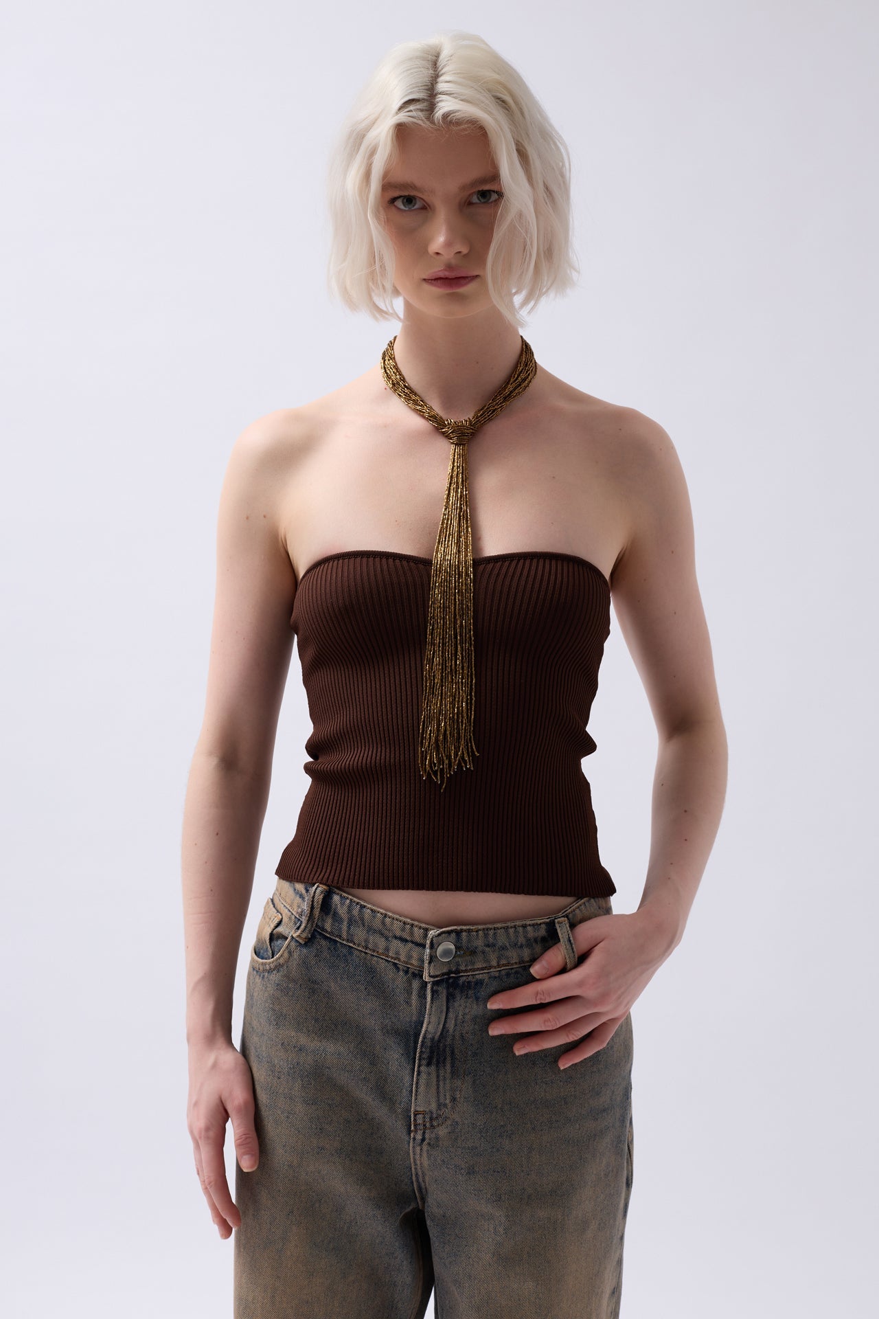 Strapless Textured Brown Crop