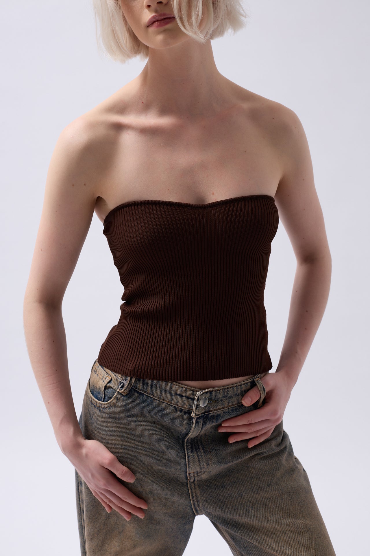 Strapless Textured Brown Crop
