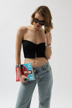 Strapless Knot Detay Black Blouse