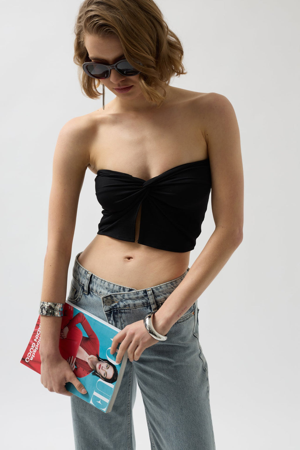 Strapless Knot Detay Black Blouse