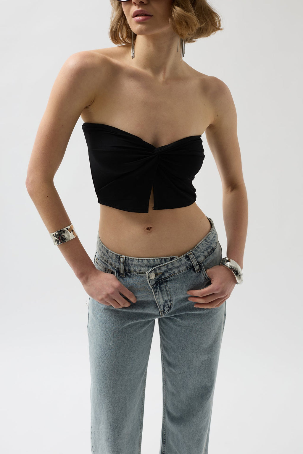 Strapless Knot Detay Black Blouse