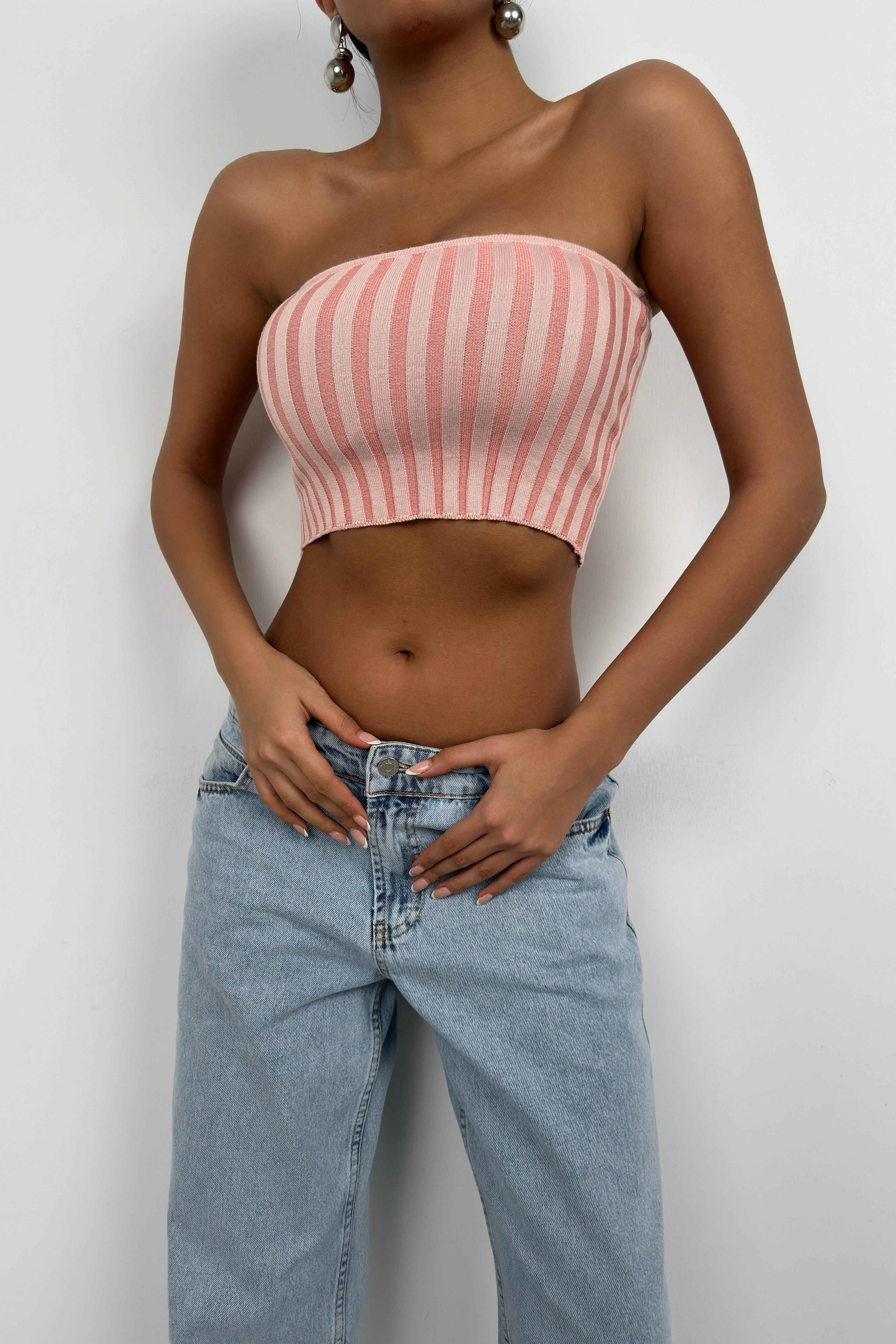 Strapless Ribbed Pink Crop