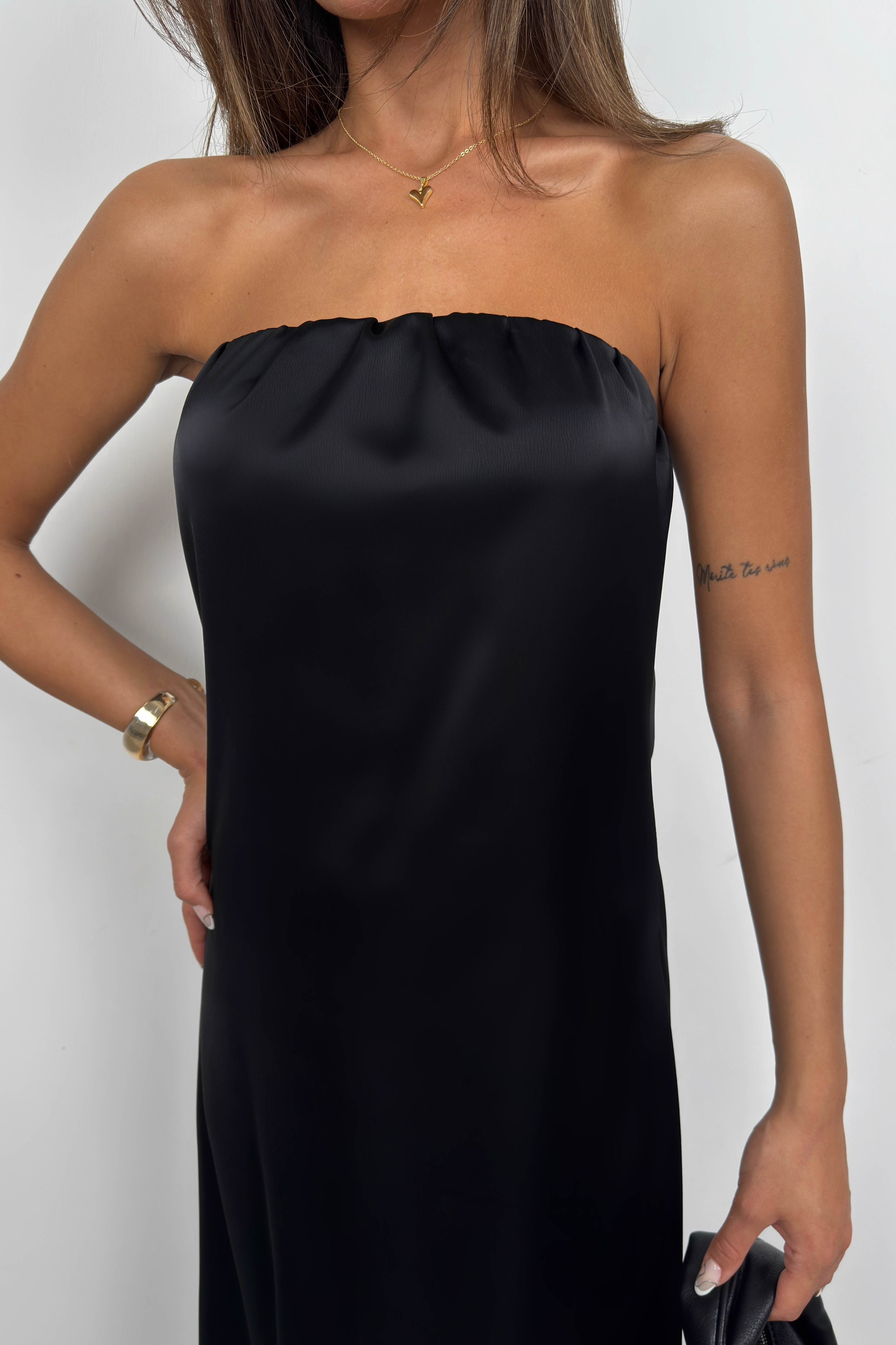 Straplez Back Cutout Black Maxi Dress