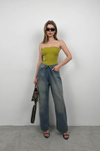 Strapless Oil Green Knit Blouse