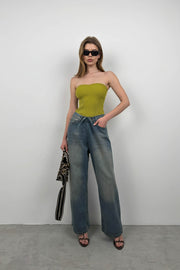 Strapless Oil Olive Green Knit Blouse