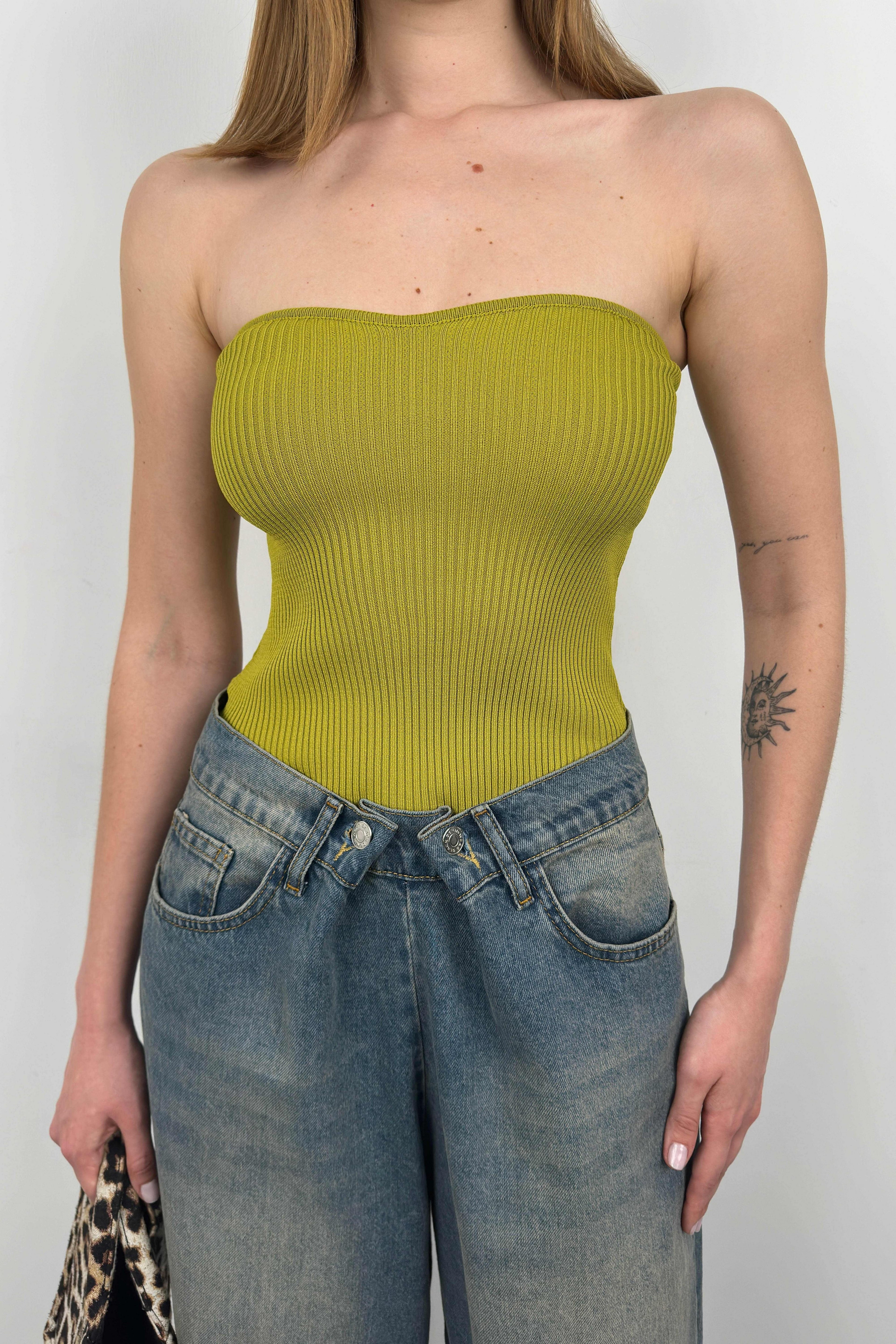 Strapless Oil Green Knit Blouse