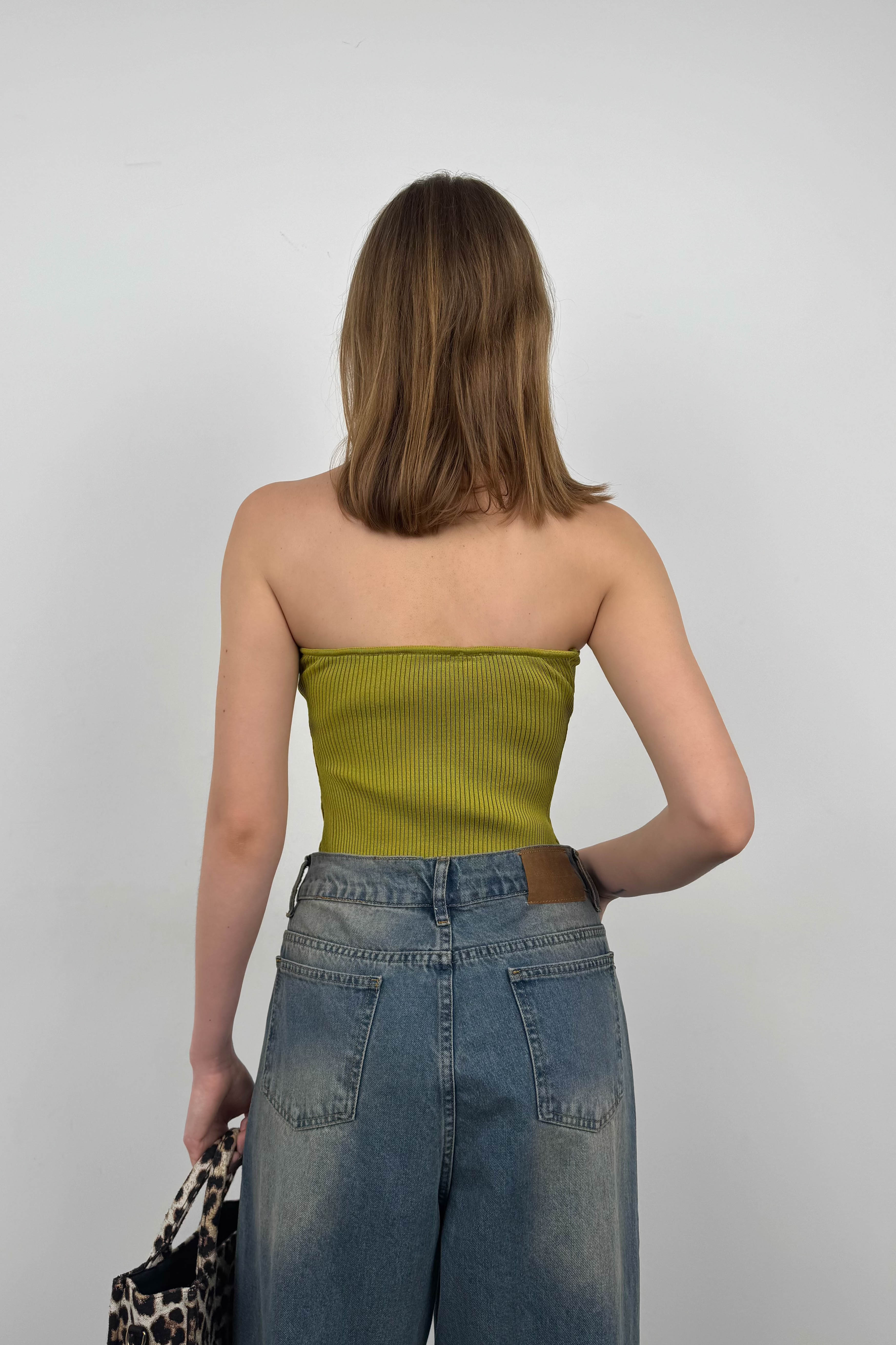Strapless Oil Green Knit Blouse