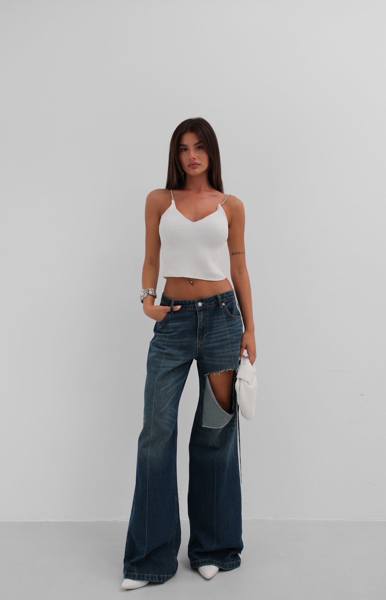Stone Strap Ecru Triko Blouse