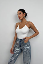 Rhinestone Strap White Knit Blouse