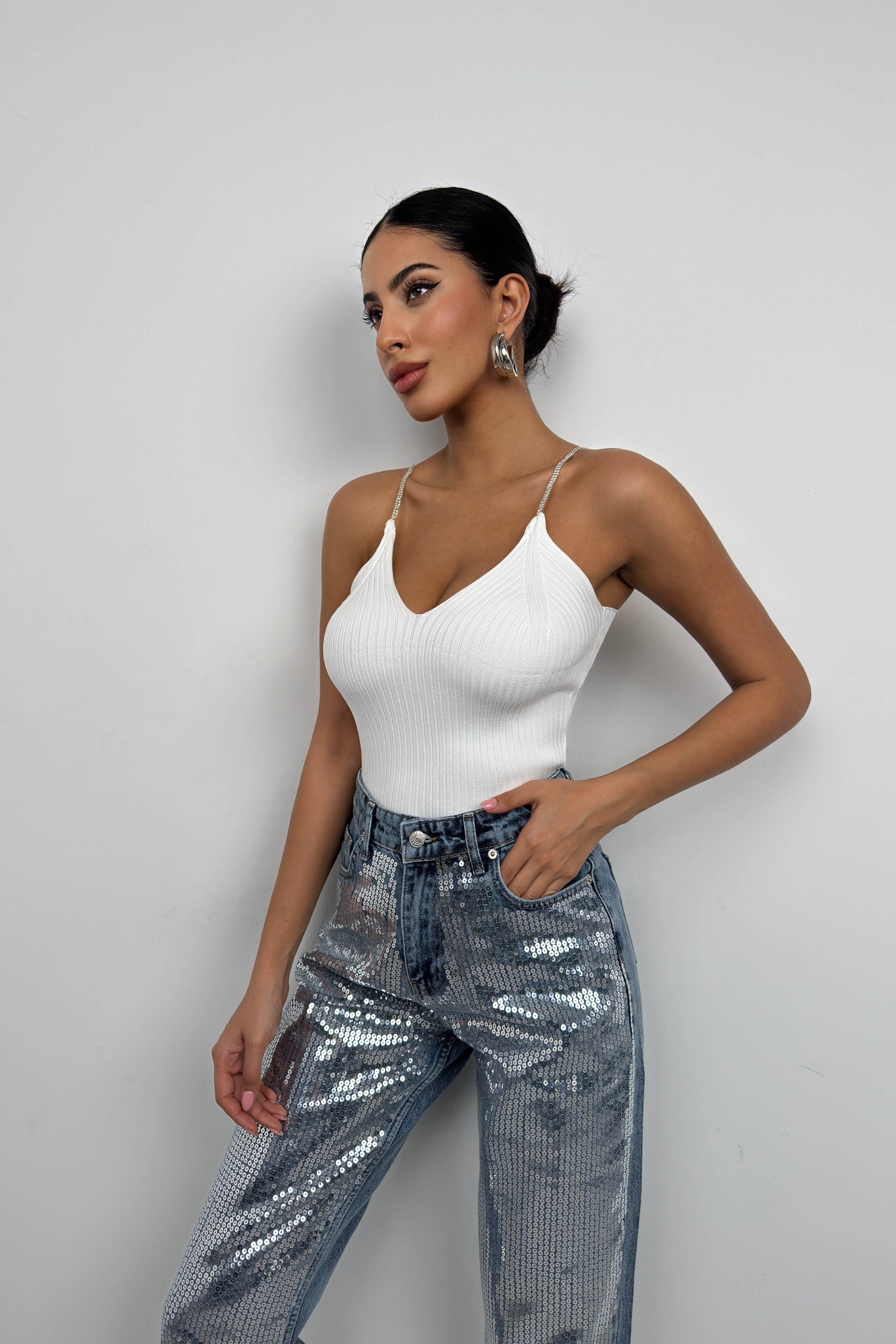 Rhinestone Strap White Knit Blouse
