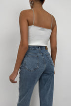 Rhinestone Strap White Knit Blouse