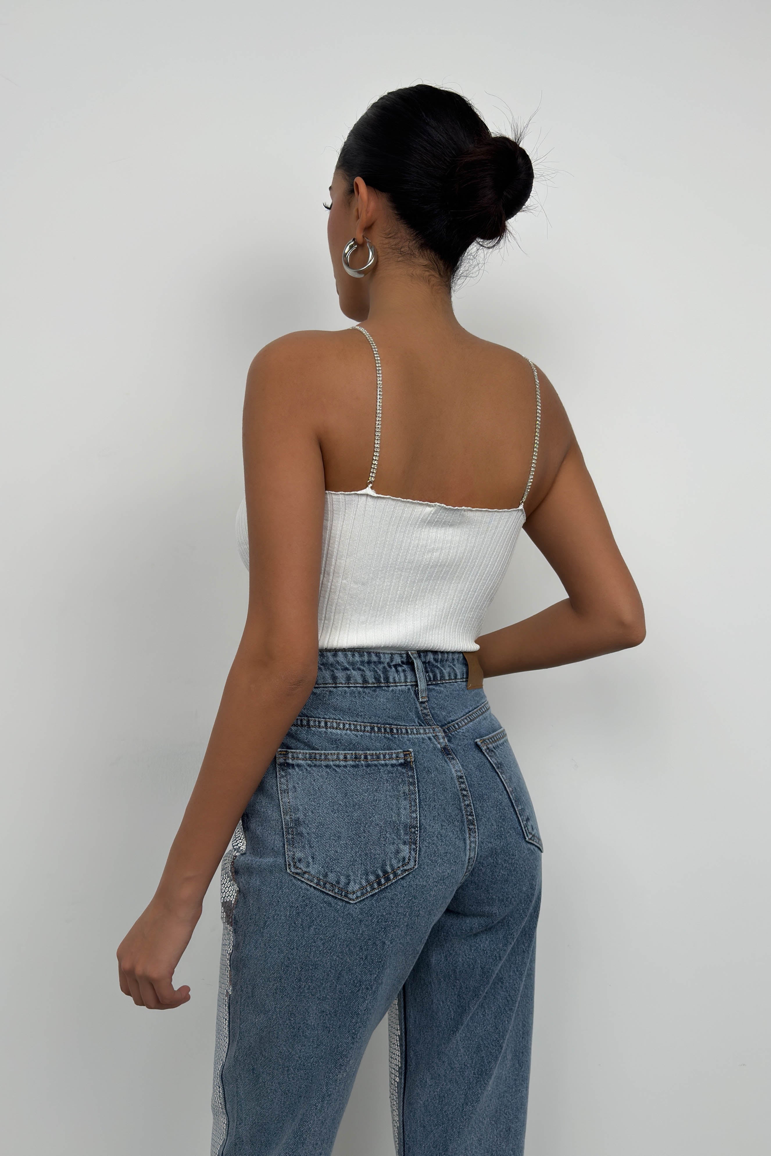 Rhinestone Strap White Knit Blouse