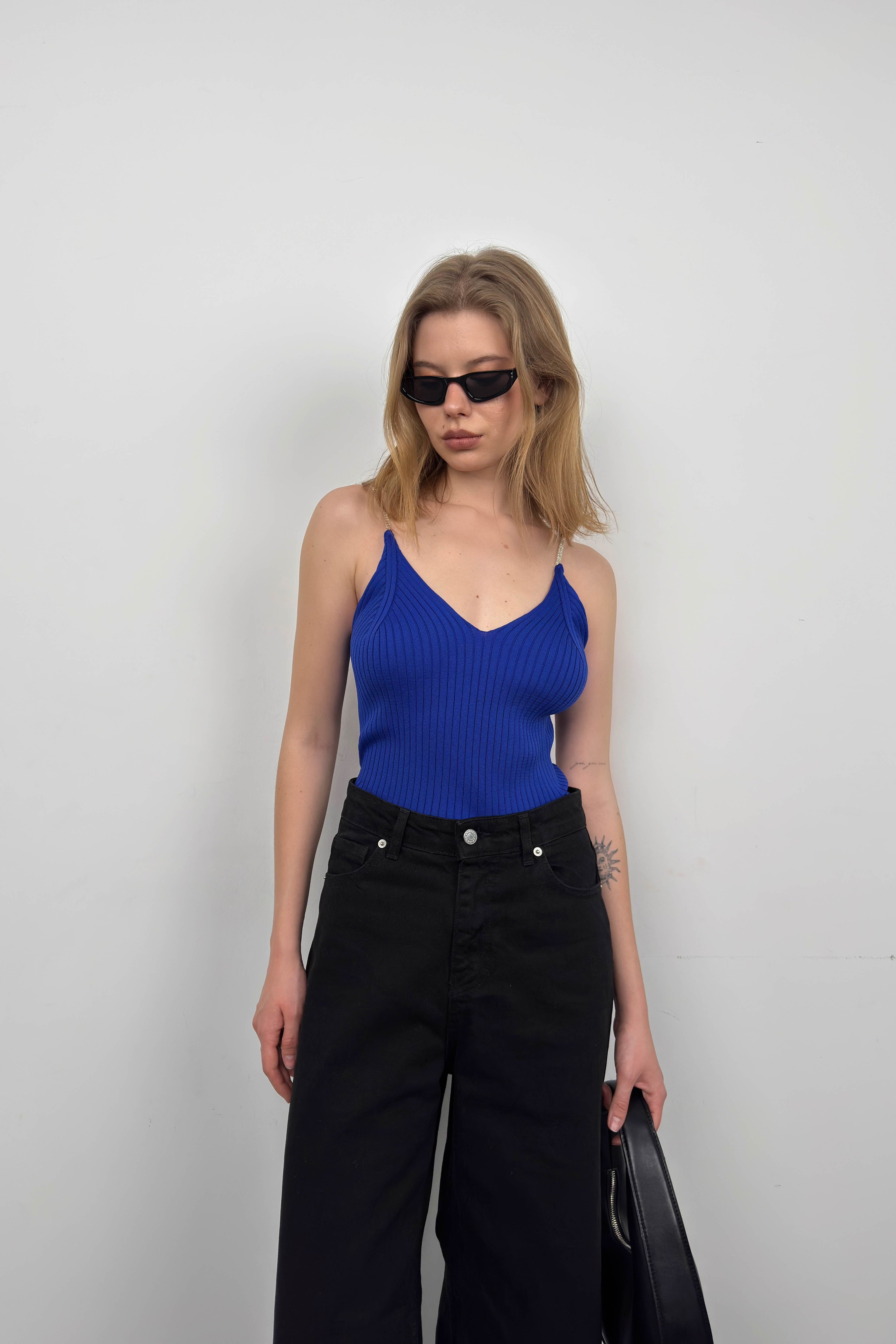 Stone Strap Sax Blue Knit Blouse