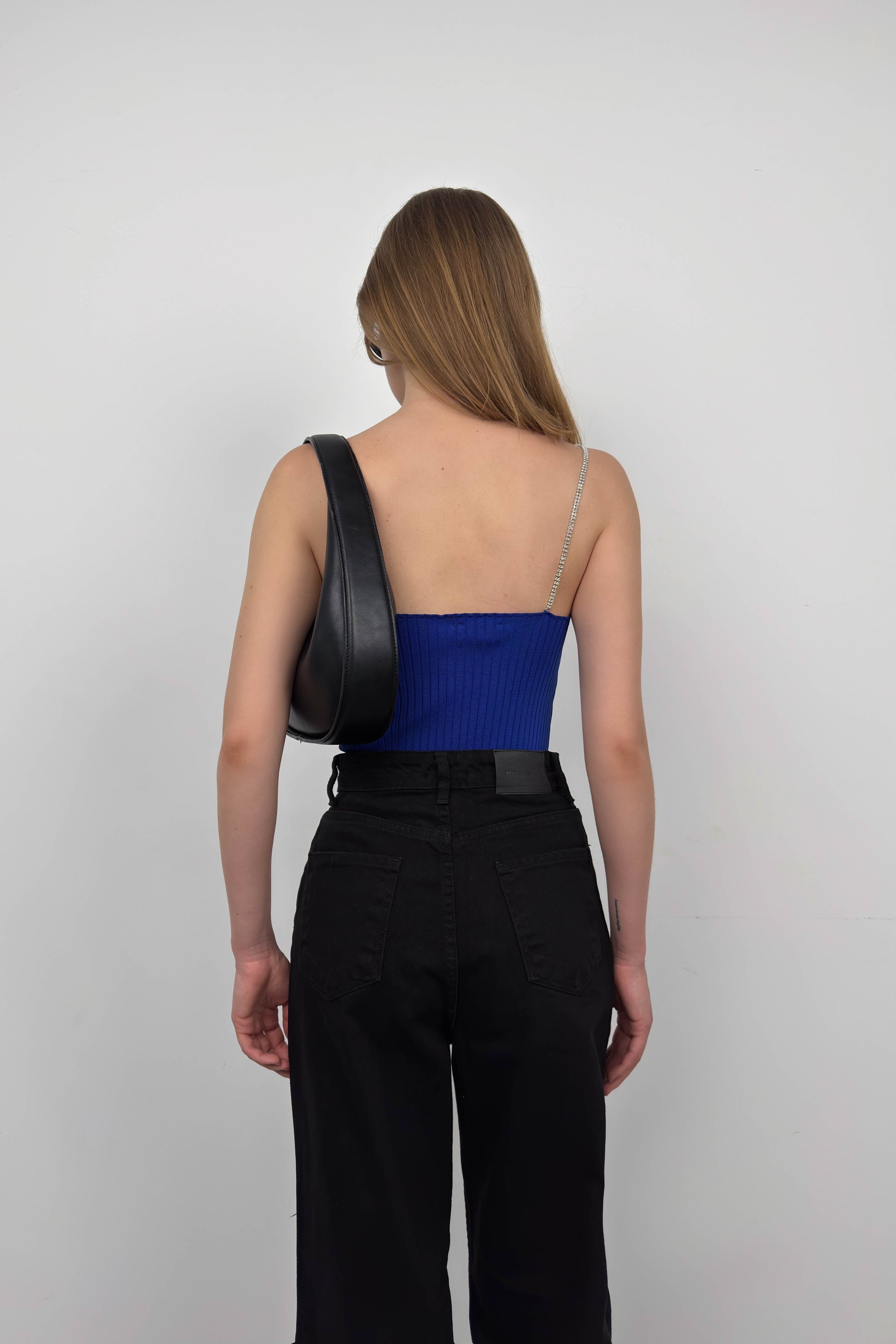 Stone Strap Sax Blue Knit Blouse