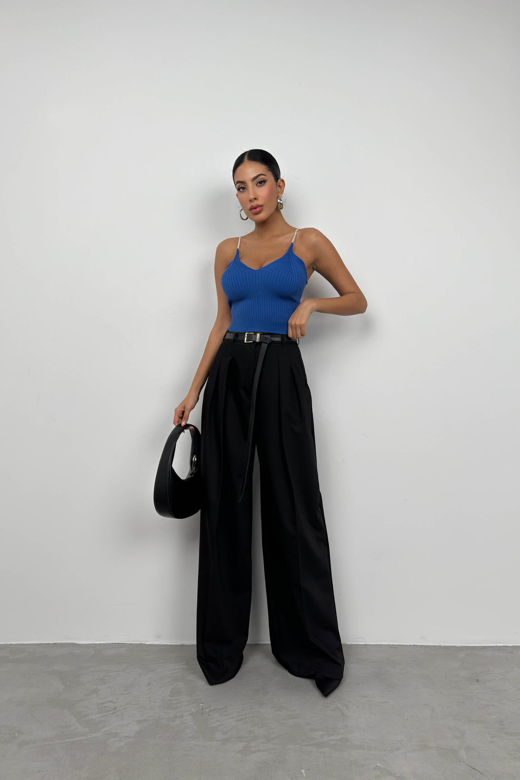 Rhinestone Strap Sax Blue Knit Blouse