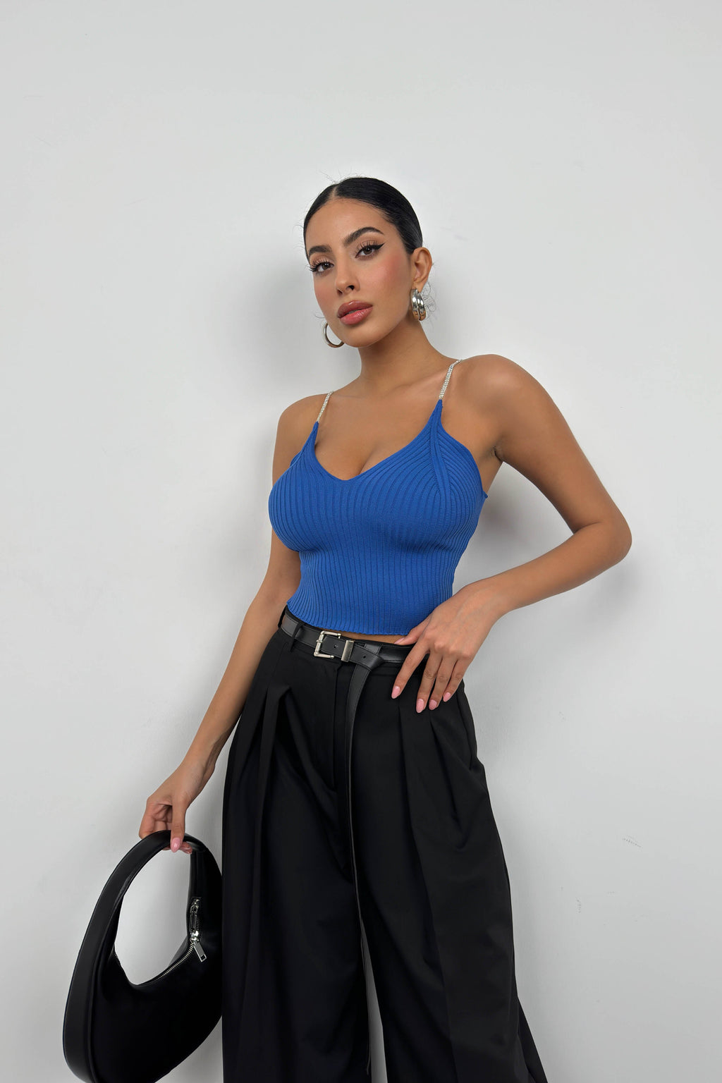 Rhinestone Strap Sax Blue Knit Blouse