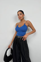 Rhinestone Strap Sax Blue Knit Blouse