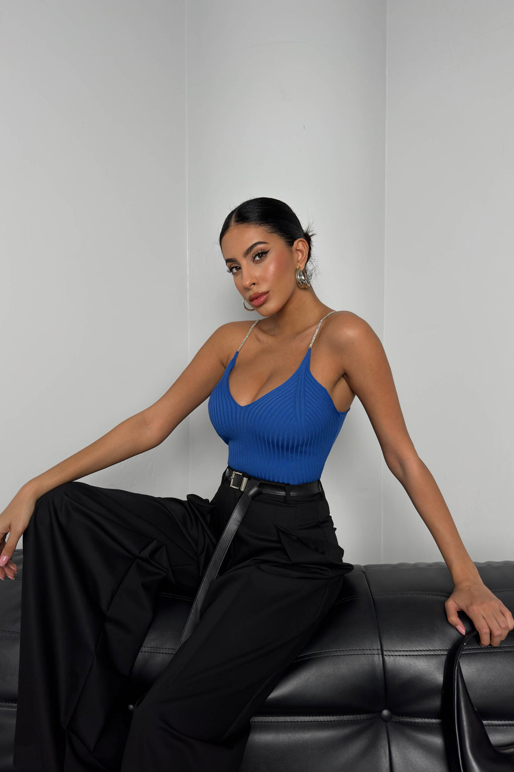 Rhinestone Strap Sax Blue Knit Blouse