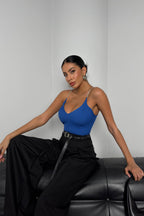 Rhinestone Strap Sax Blue Knit Blouse