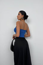 Rhinestone Strap Sax Blue Knit Blouse