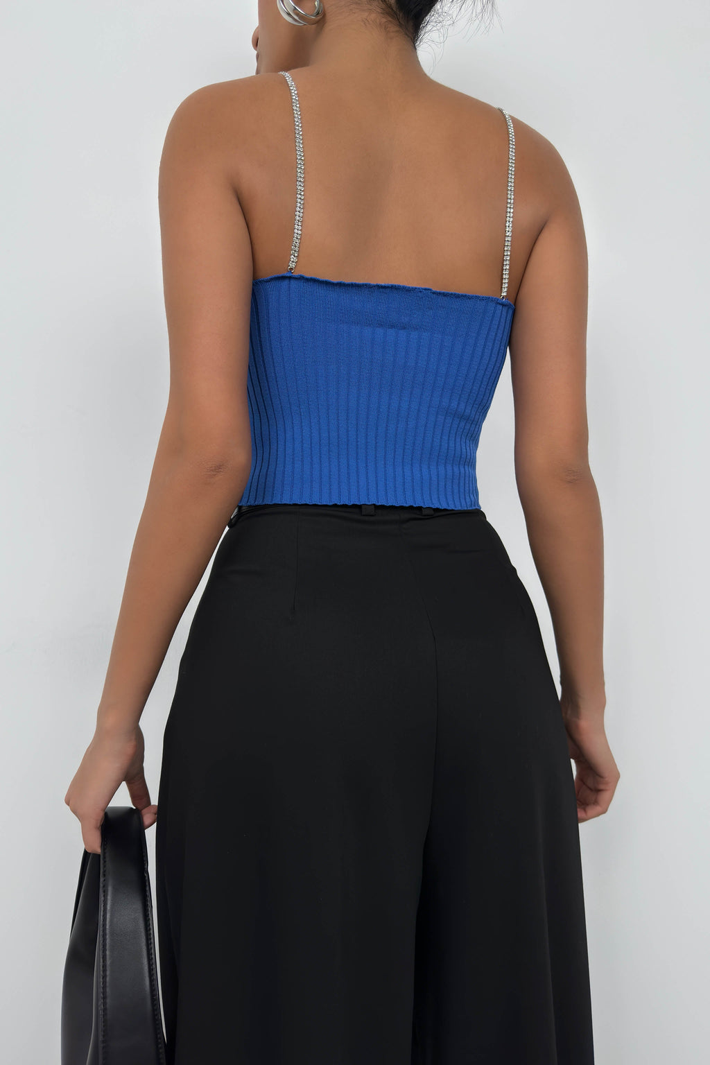 Rhinestone Strap Sax Blue Knit Blouse