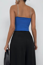 Rhinestone Strap Sax Blue Knit Blouse