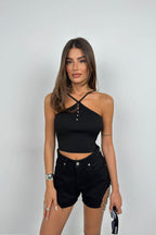 Stone Detail Black Crop Blouse