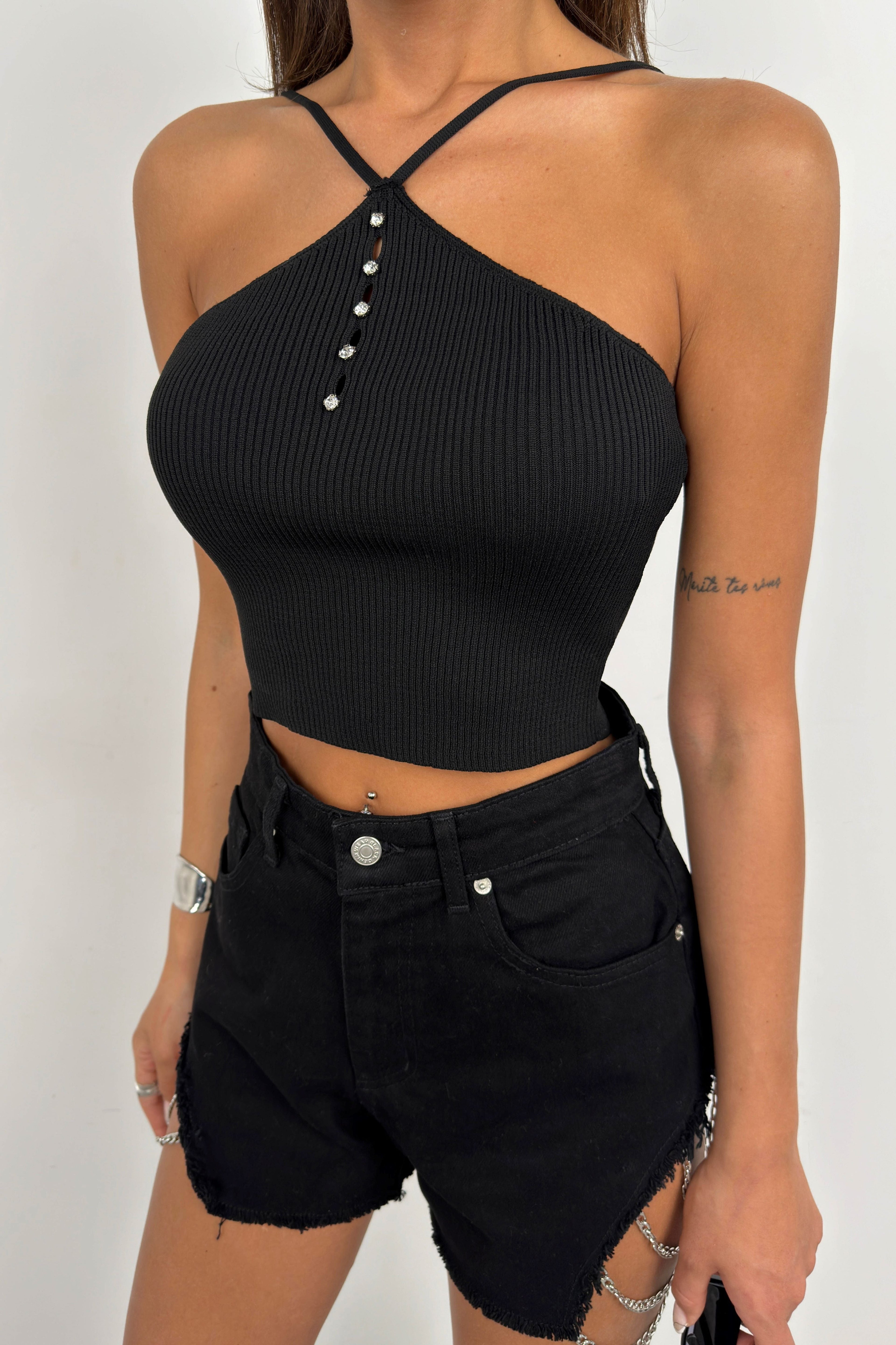 Stone Detail Black Crop Blouse