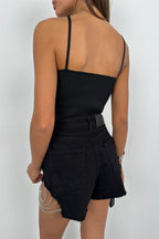 Stone Detail Black Crop Blouse