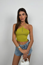 Stone Detail Green Crop Blouse