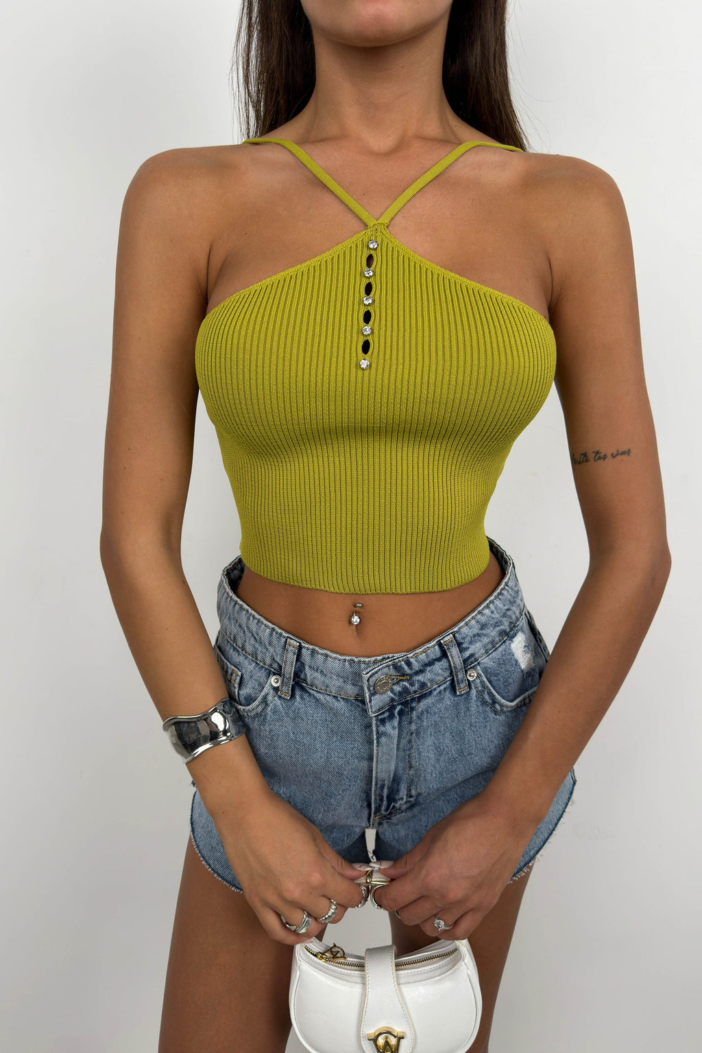 Stone Detail Green Crop Blouse