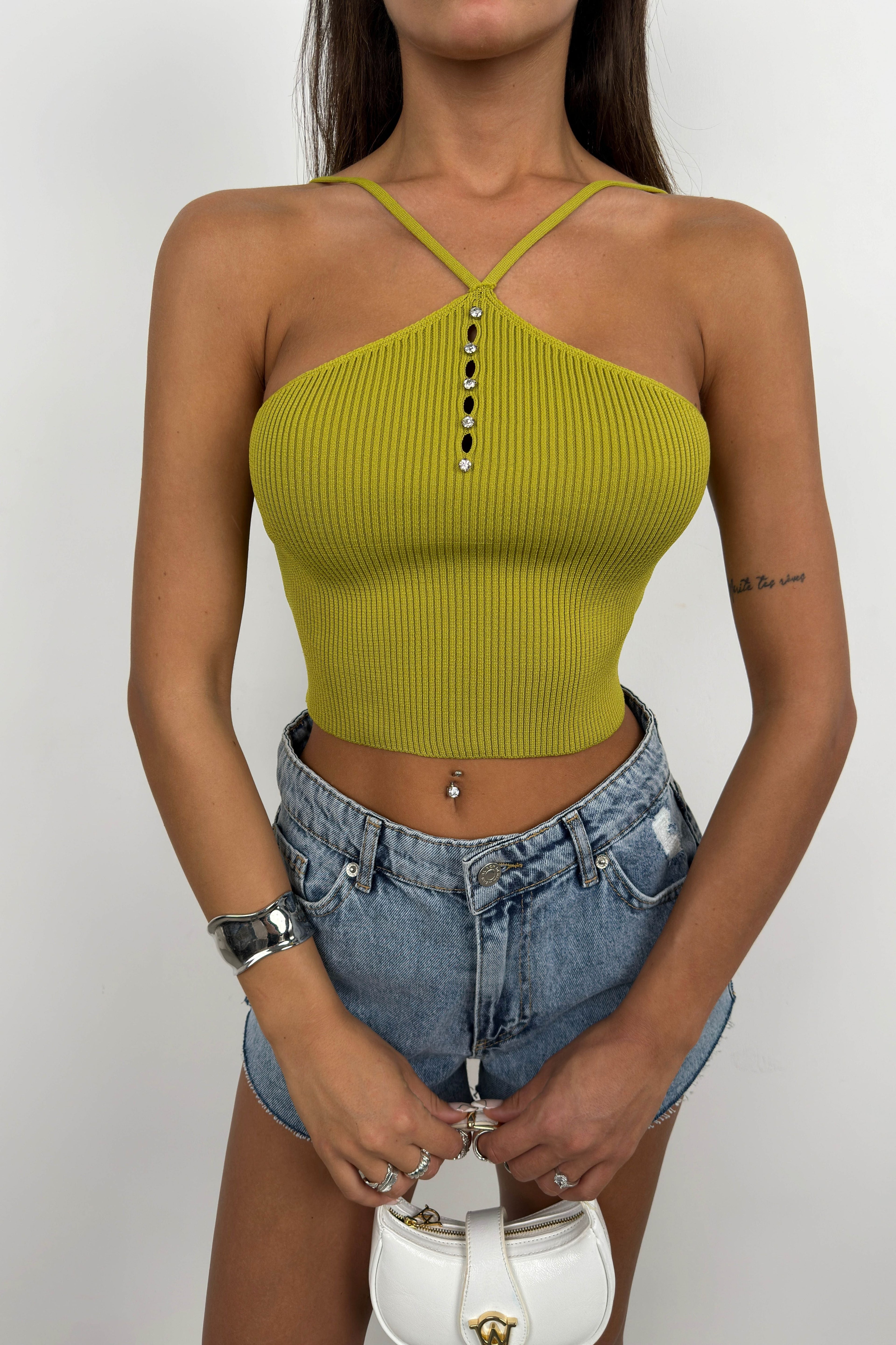 Stone Detail Green Crop Blouse