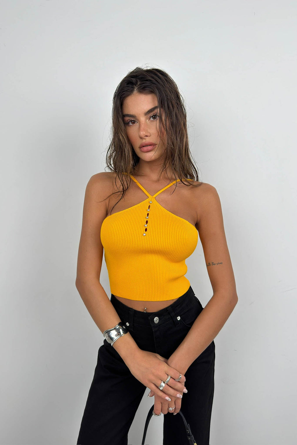 Stone Detail Orange Crop Blouse