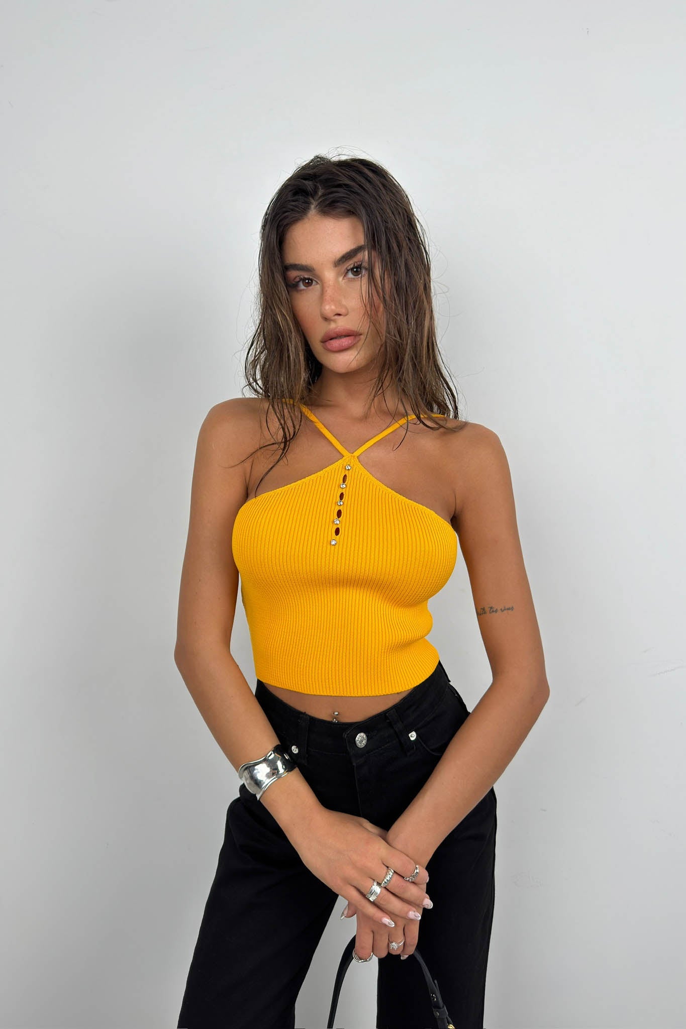 Stone Detail Orange Crop Blouse