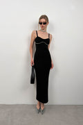 Stone Detail Textured Black Dress