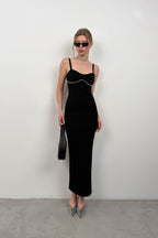 Stone Detail Textured Black Dress