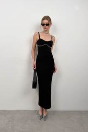 Stone Detail Textured Black Dress
