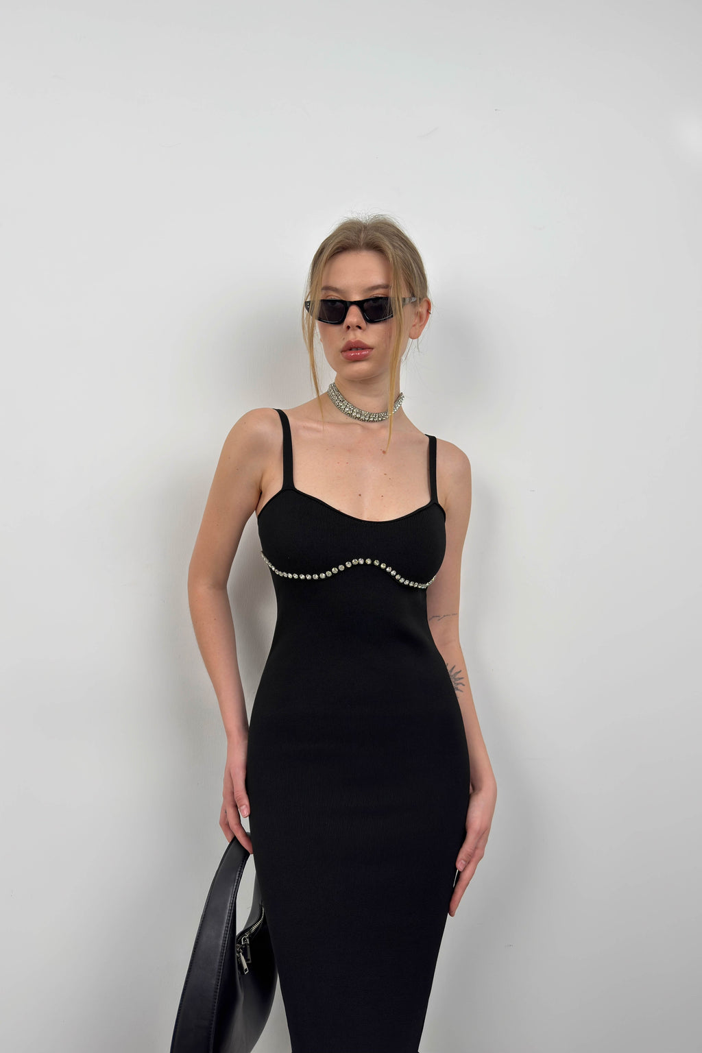 Stone Detail Textured Black Dress