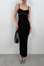 Stone Detail Textured Black Dress