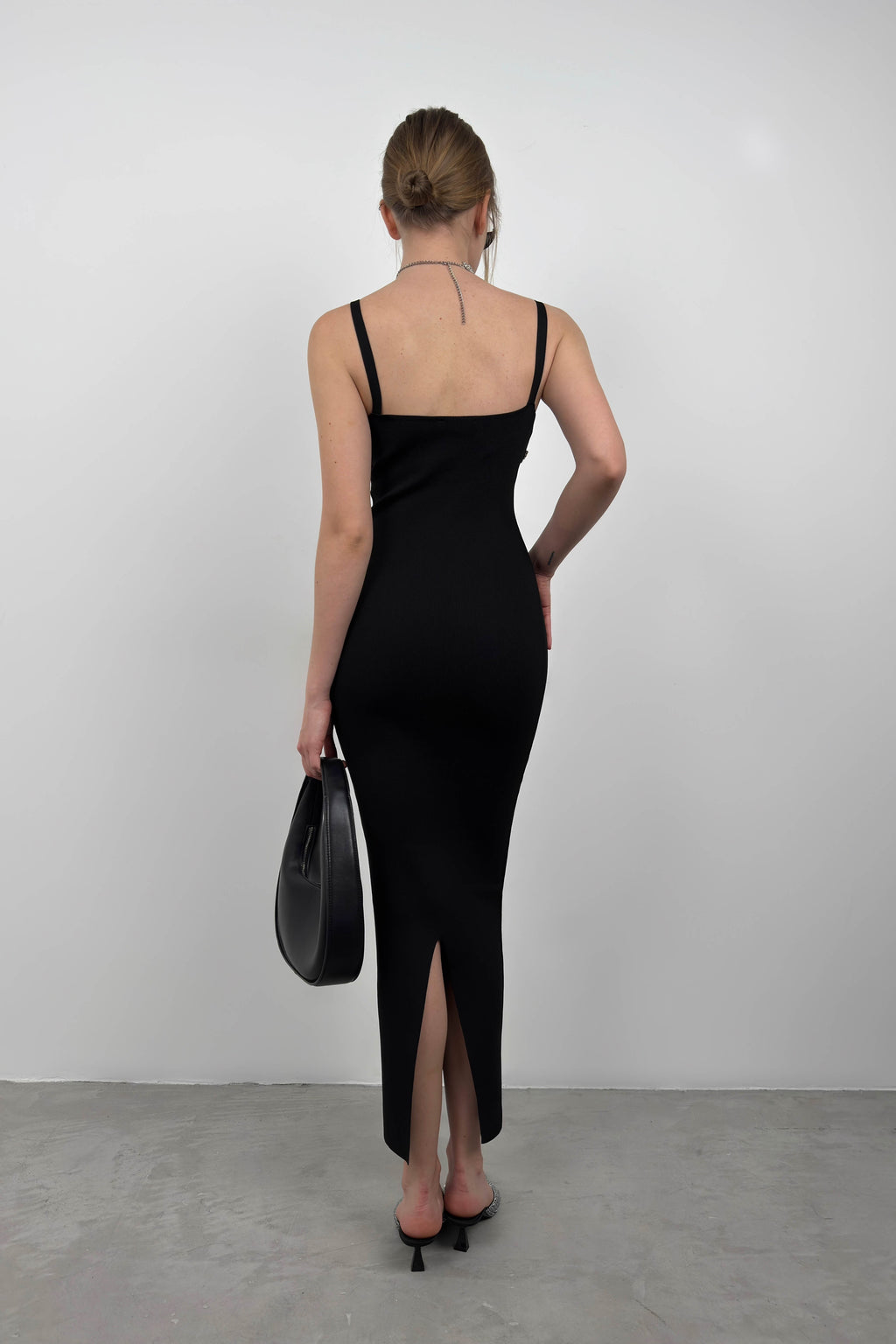 Stone Detail Textured Black Dress