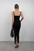 Stone Detail Textured Black Dress