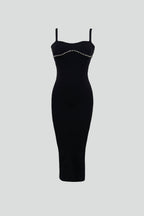Stone Detail Textured Black Dress