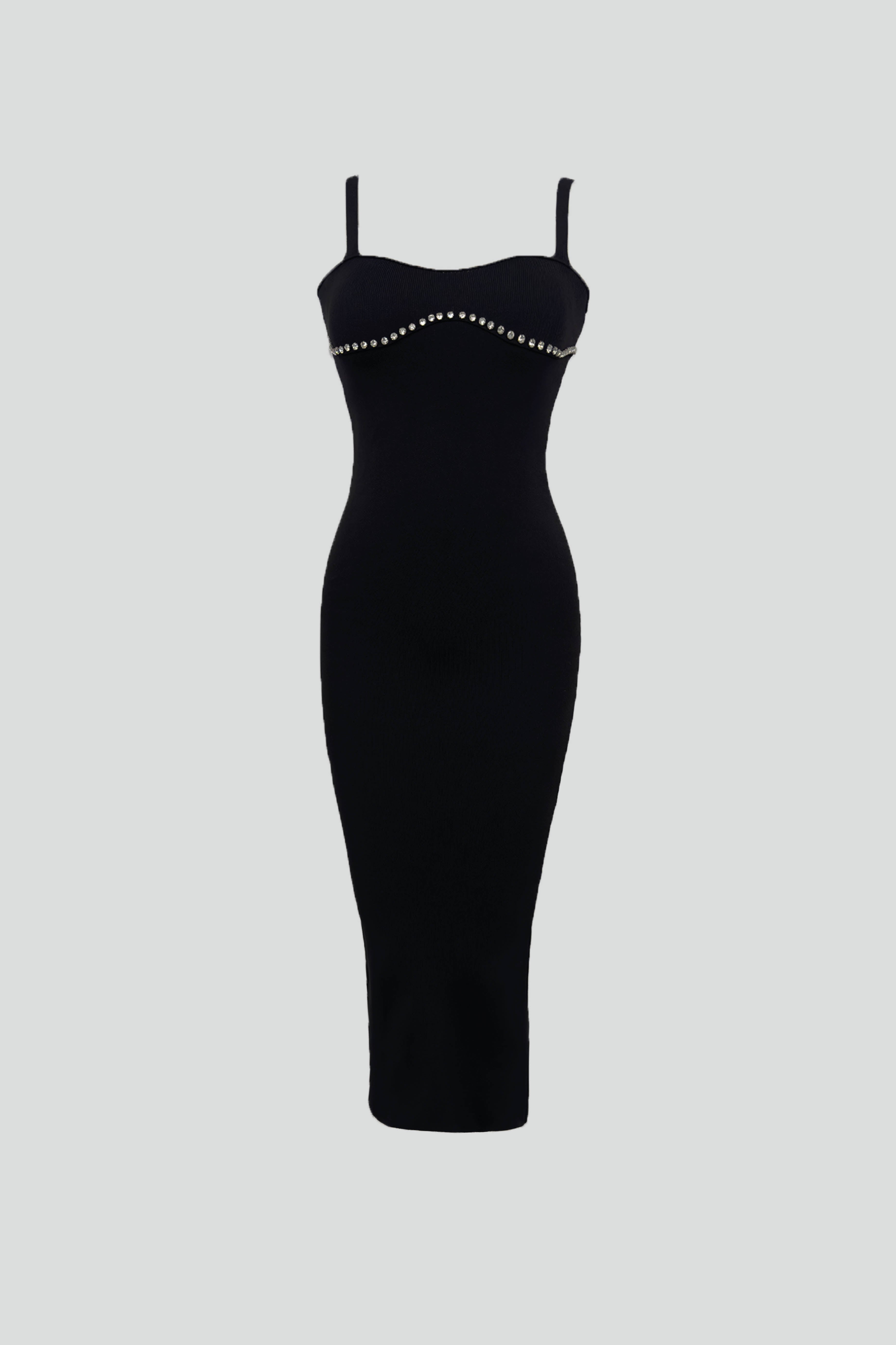 Stone Detail Textured Black Dress