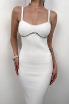 Stone Detail Textured Ecru Dress