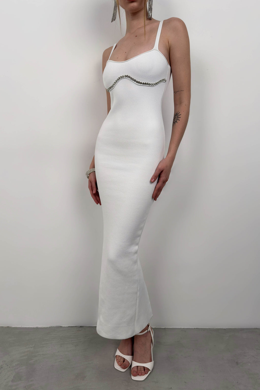 Stone Detail Textured Ecru Dress