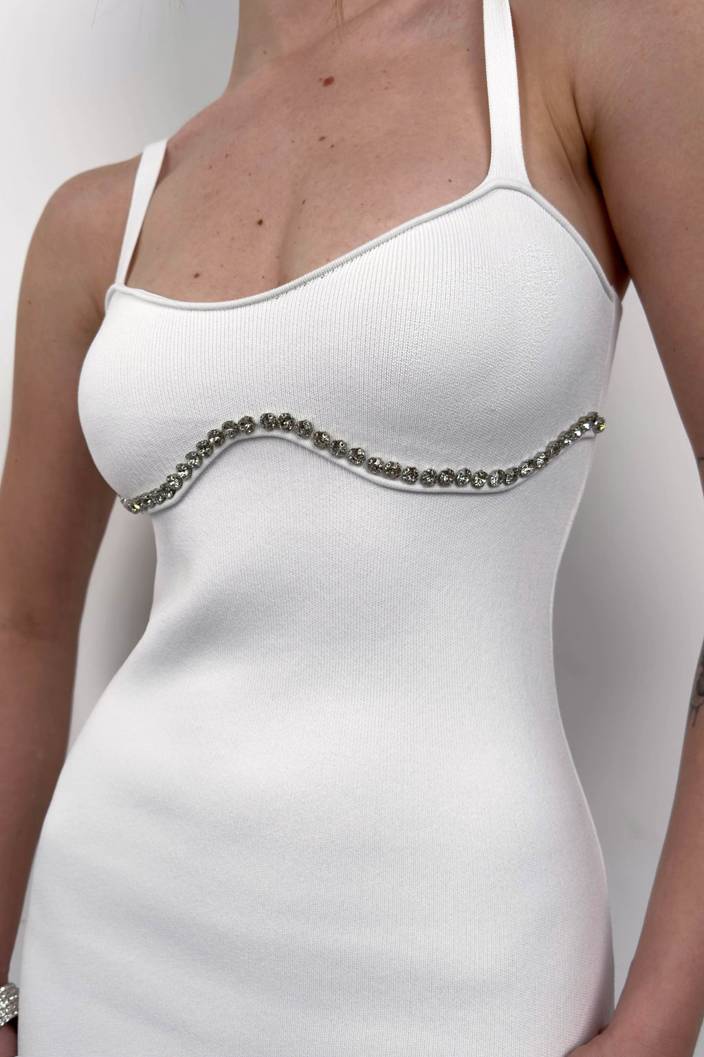Stone Detail Textured Ecru Dress